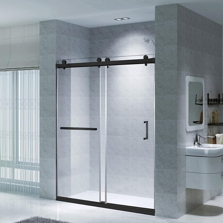 Oceanus 59" Matte Black Frameless Sliding Shower Door with Clear Glass