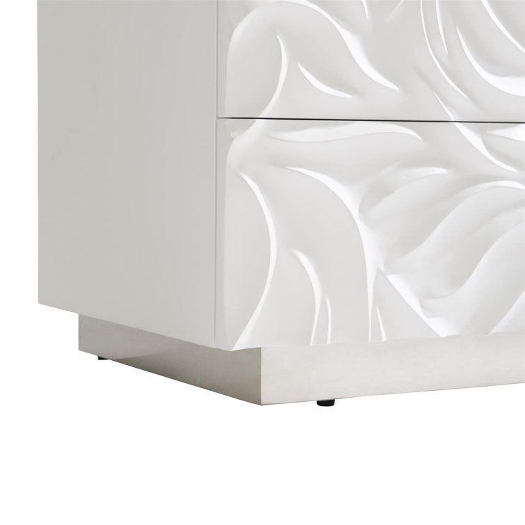 White Textured Resin and Stainless Steel 3-Drawer Nightstand
