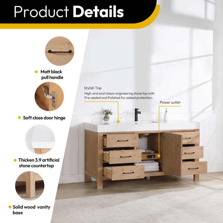 Leon 60" Fir Wood Brown Bathroom Vanity with White Composite Top