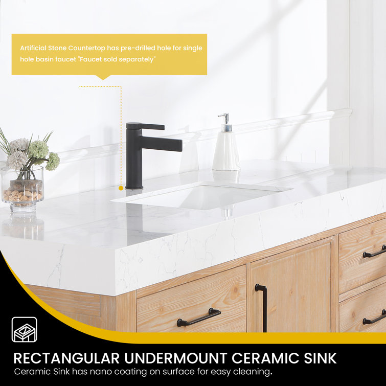 Leon 60" Fir Wood Brown Bathroom Vanity with White Composite Top