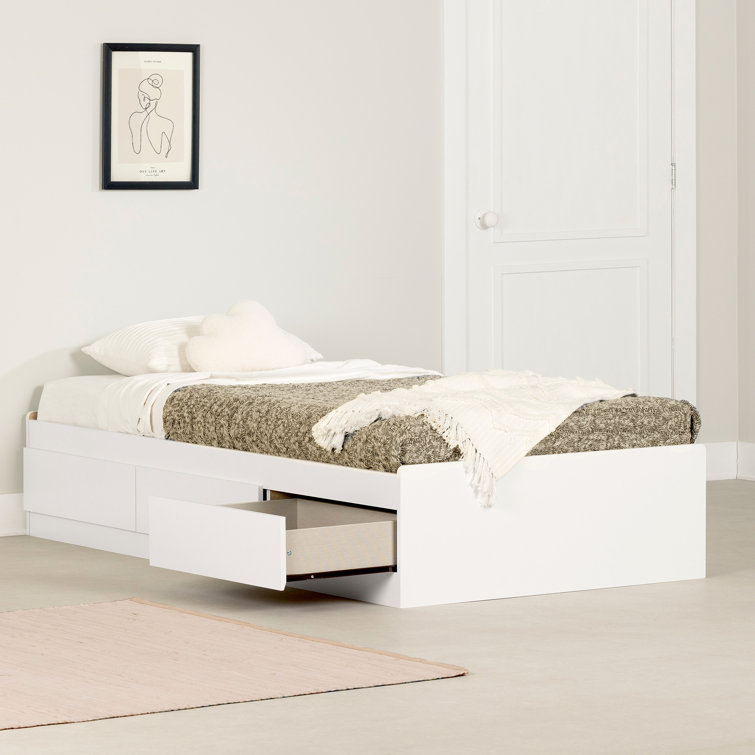Pure White Twin Wood Frame Bed with 3 Storage Drawers