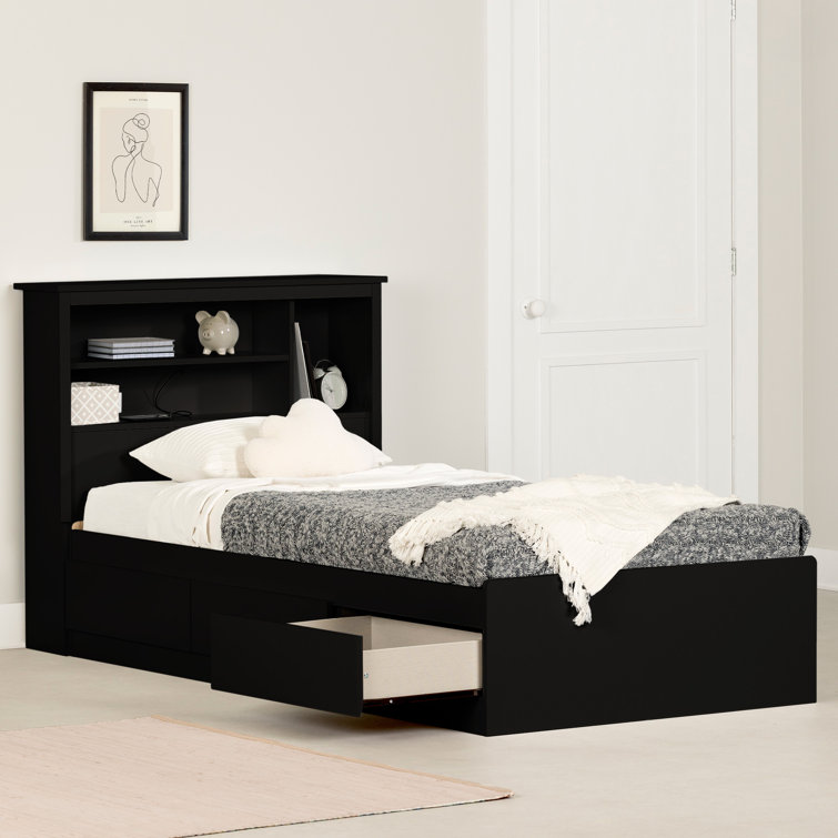 Black Twin Wood Storage Bed with Bookcase Headboard and Drawers