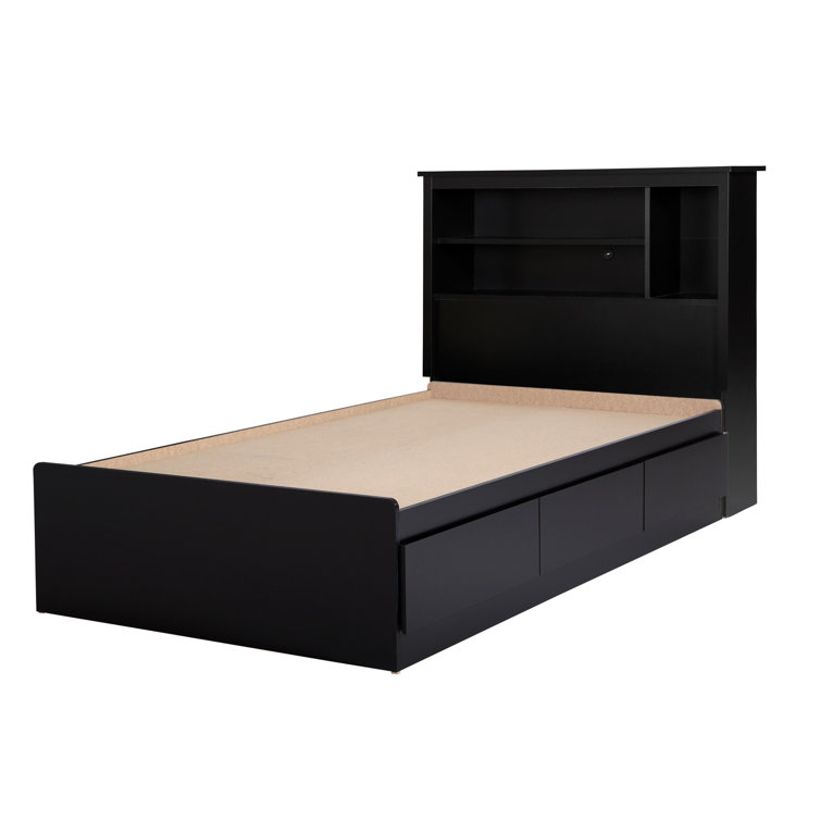 Black Twin Wood Storage Bed with Bookcase Headboard and Drawers