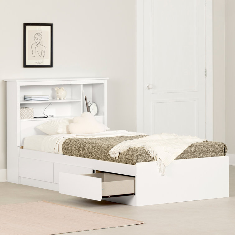 Pure White Twin Wood Storage Bed with Bookcase Headboard and Drawers