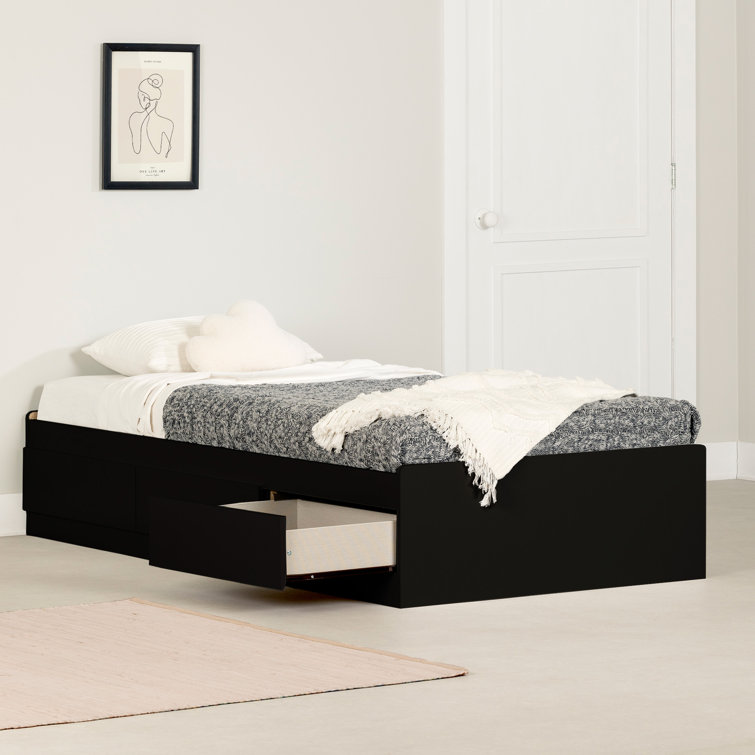Pure Black Twin Wood Frame Storage Bed with 3 Drawers