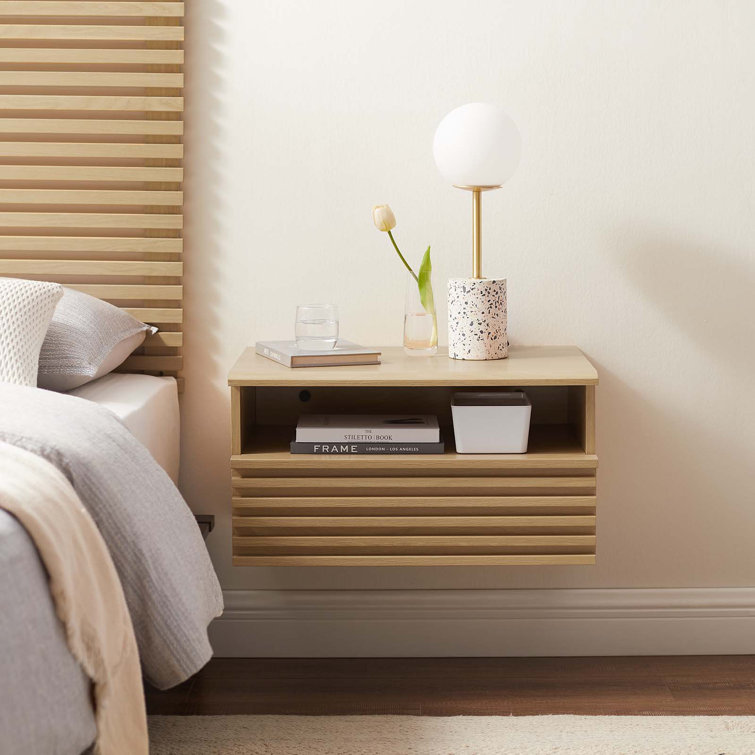 Oak Mid-Century Modern Wall-Mount Nightstand with Drawer