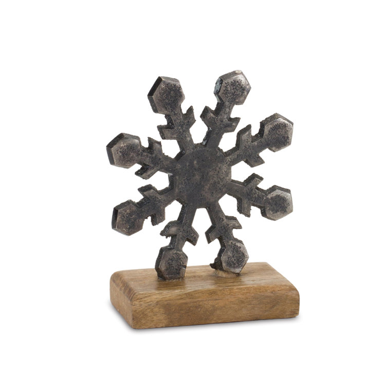 Distressed Aluminum Snowflake Decor on Natural Wood Base Set