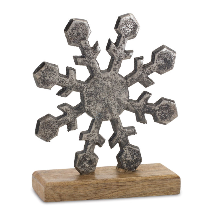 Distressed Aluminum Snowflake Decor on Natural Wood Base Set