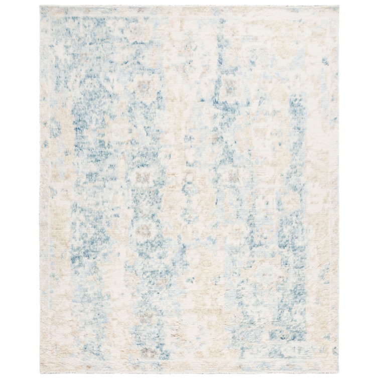 Hand-Knotted Blue and Ivory Wool 8' x 10' Area Rug