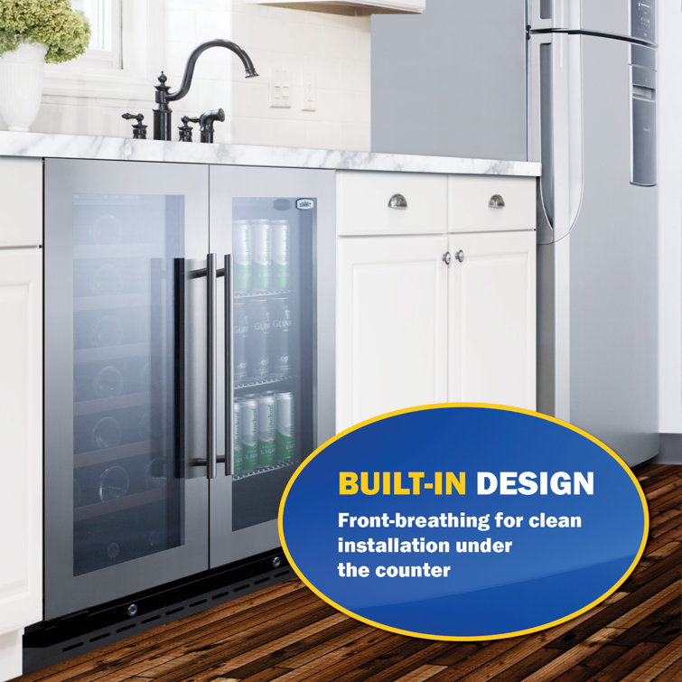 Elegant 33 Bottle Dual Zone Wine and Craft Beer Refrigerator with French Door Swing