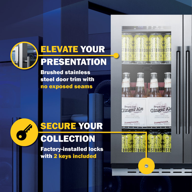 Elegant 33 Bottle Dual Zone Wine and Craft Beer Refrigerator with French Door Swing