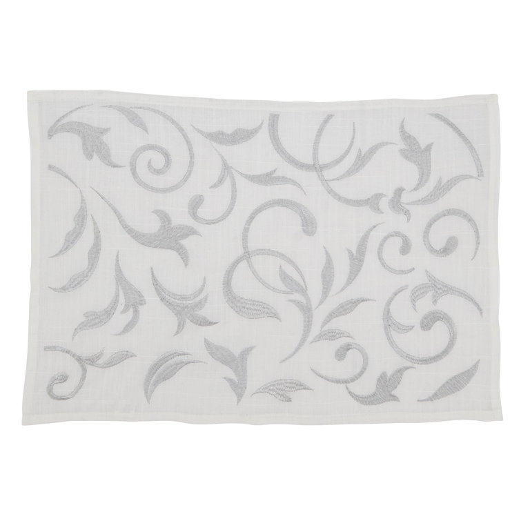 Silver Botanical Embroidered Fabric Rectangle Placemats, Set of 4