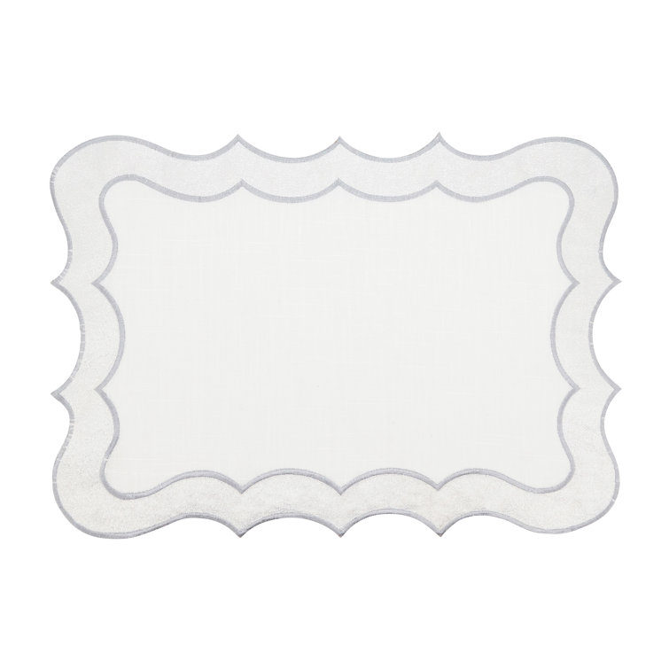 Elegant Silver Scallop Edge Fabric Placemats, 14 x 20 in, Set of 4
