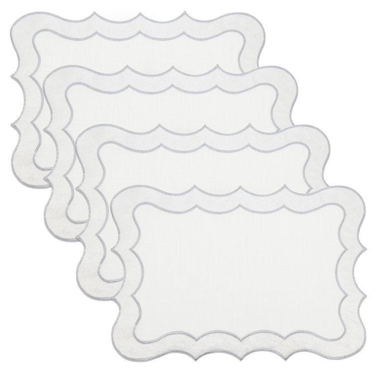 Elegant Silver Scallop Edge Fabric Placemats, 14 x 20 in, Set of 4