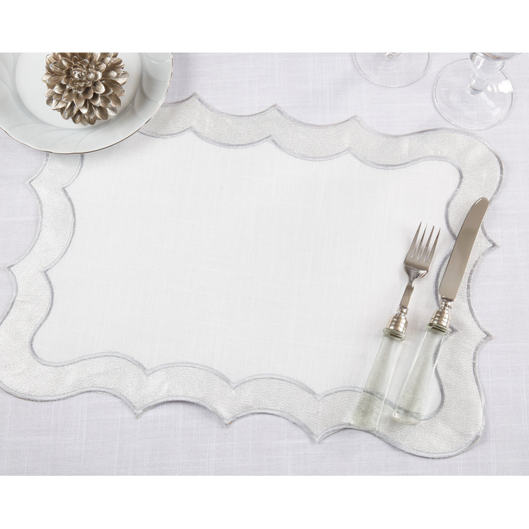 Elegant Silver Scallop Edge Fabric Placemats, 14 x 20 in, Set of 4