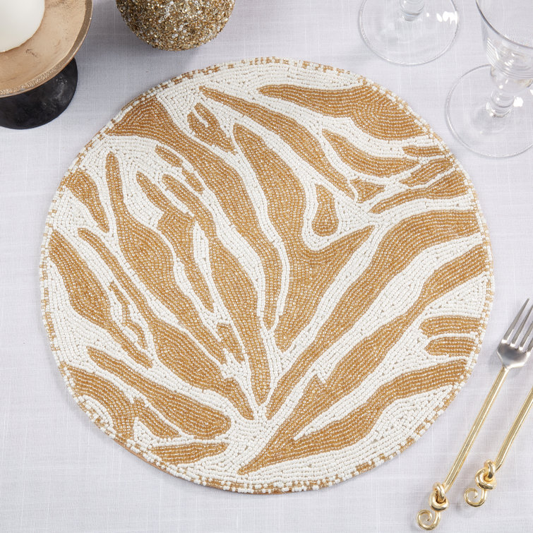 Gold and White Beaded Zebra Pattern Round Placemats, Set of 4