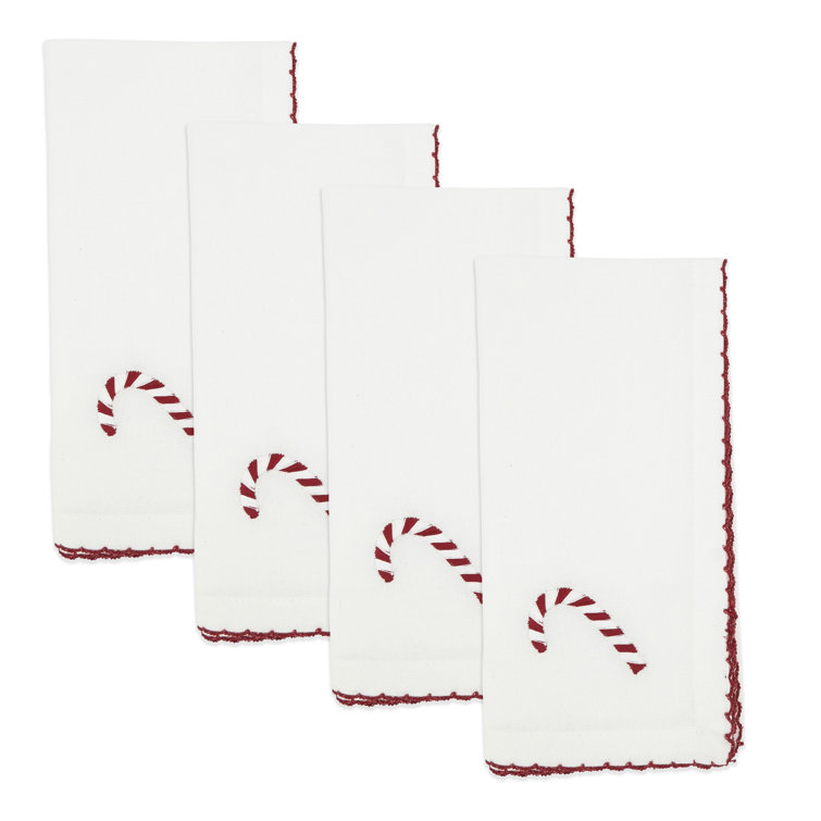 Whimsical White Cotton Candy Cane Napkin Set with Red Stitching