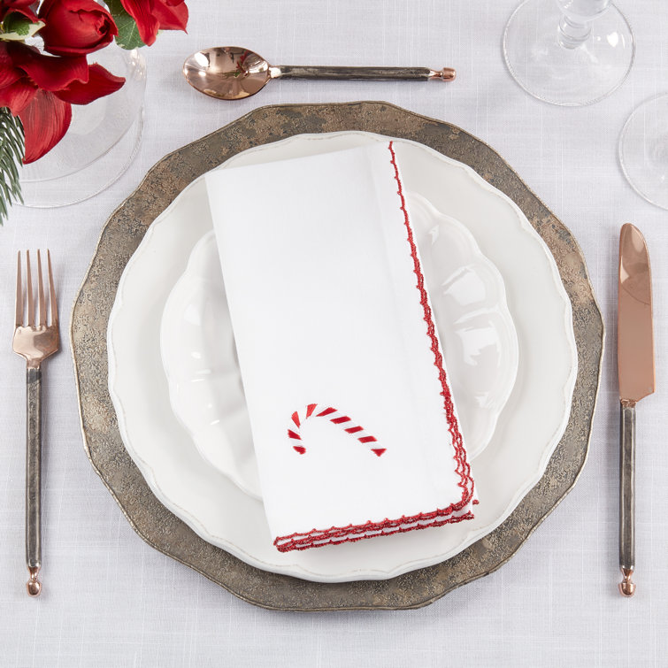 Whimsical White Cotton Candy Cane Napkin Set with Red Stitching