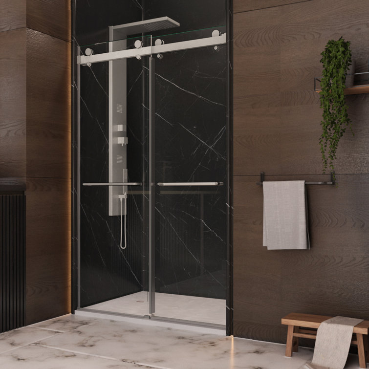 Luna 48'' Frameless Clear Glass Sliding Shower Door in Brushed Nickel