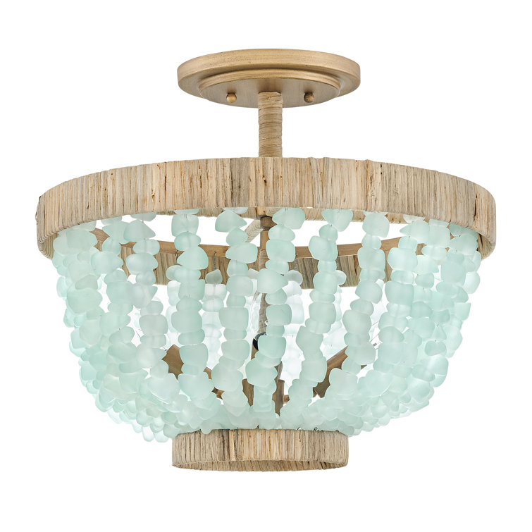 Burnished Gold Bohemian LED Bowl Light with Blue Sea Glass