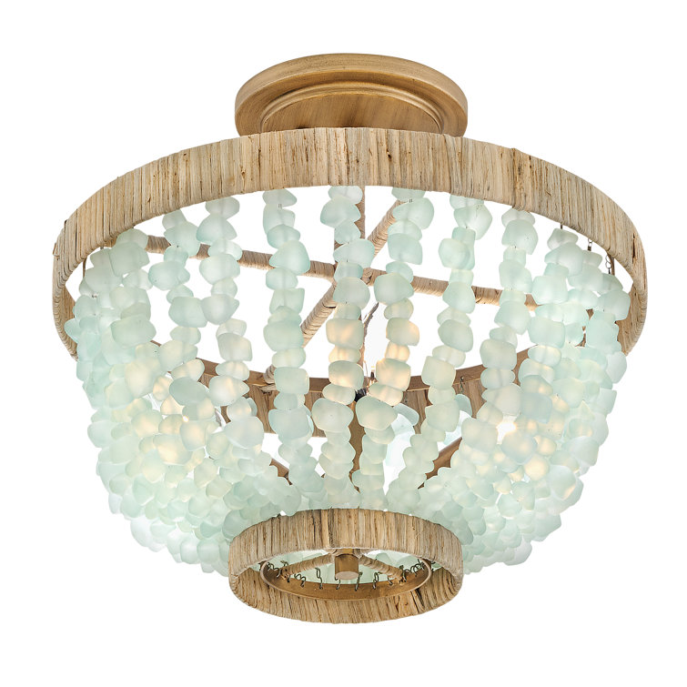 Burnished Gold Bohemian LED Bowl Light with Blue Sea Glass