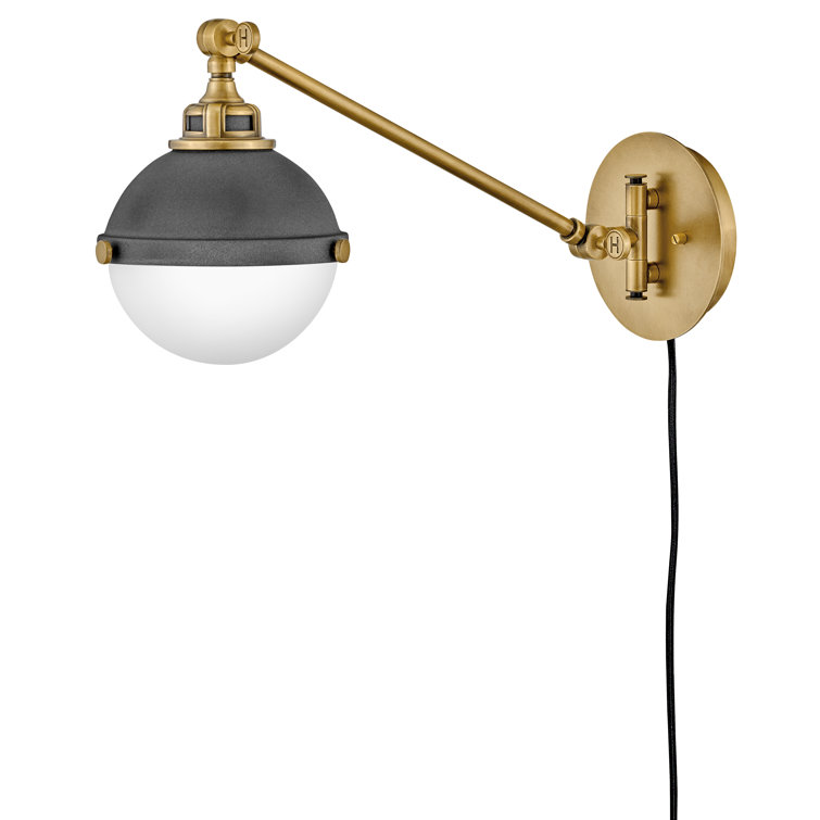 Aged Zinc and Brass Adjustable Wall Sconce with Etched Opal Glass