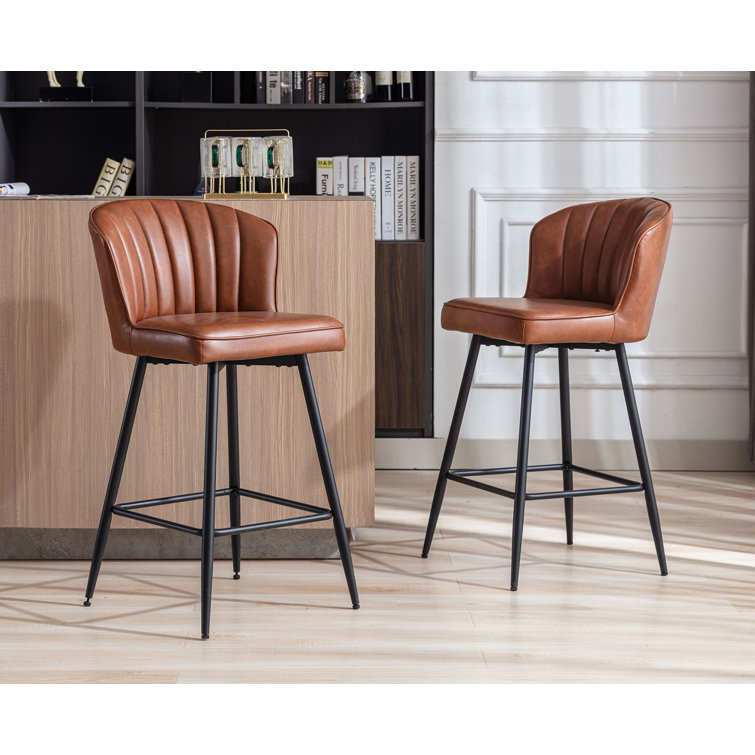 Azarria Brown Faux Leather Counter Stools with Iron Legs, Set of 2