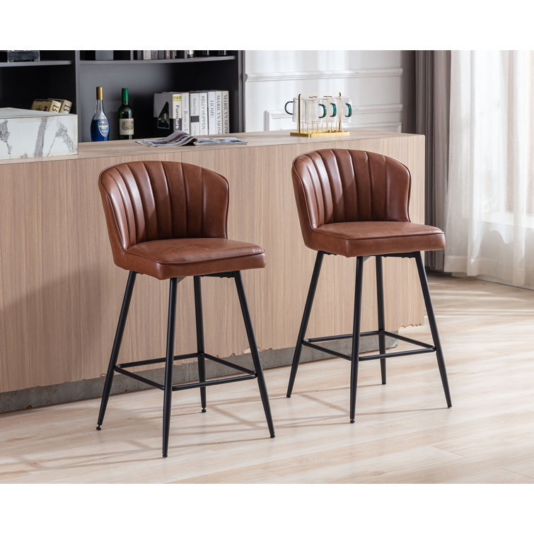 Azarria Brown Faux Leather Counter Stools with Iron Legs, Set of 2