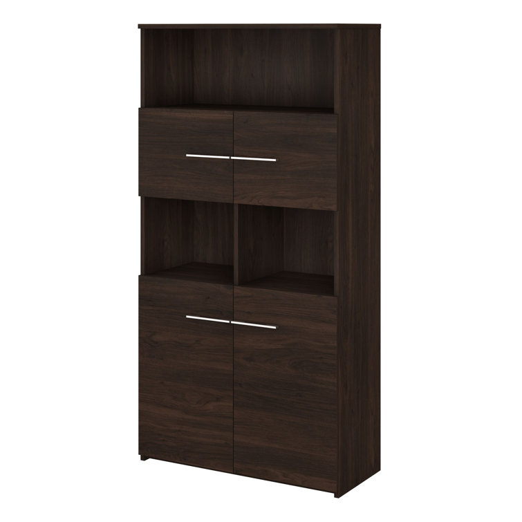 Black Walnut 5-Shelf Bookcase with Hinged Doors