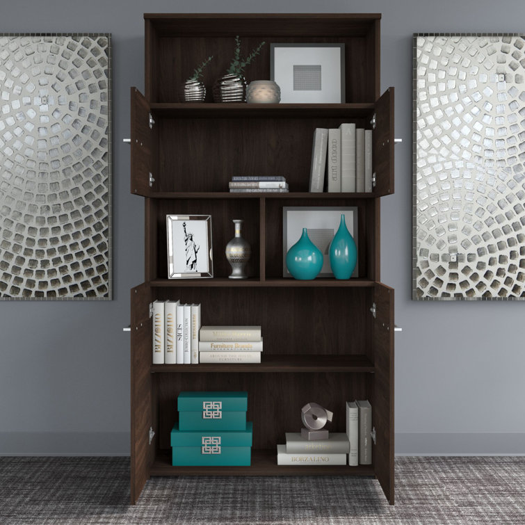 Black Walnut 5-Shelf Bookcase with Hinged Doors
