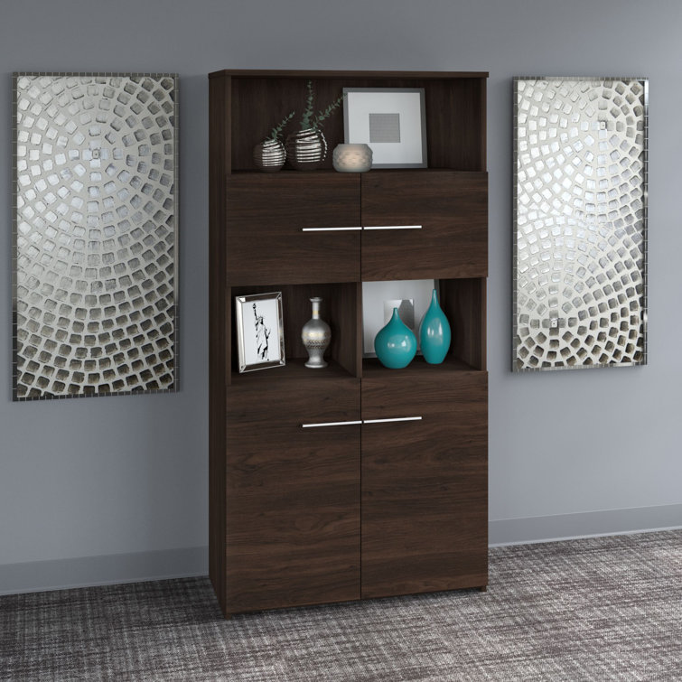 Black Walnut 5-Shelf Bookcase with Hinged Doors
