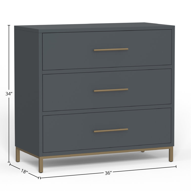 Slate Gray Mahogany 3-Drawer Dresser with Gold Bar Pulls
