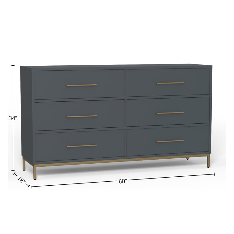 Slate Gray Mahogany 6-Drawer Dresser with Gold Accents