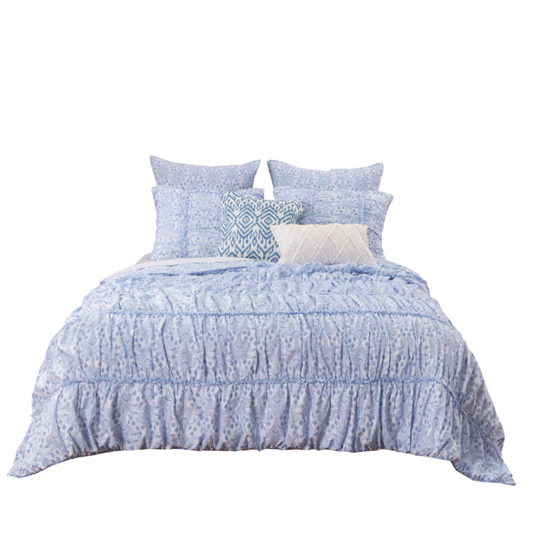 King Blue Microfiber Gathered Quilt Set