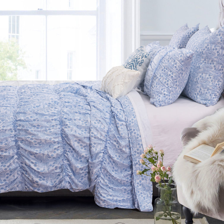 King Blue Microfiber Gathered Quilt Set