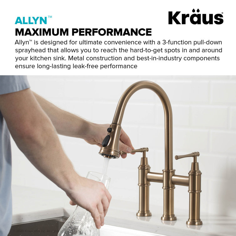 Brushed Gold Stainless Steel Bridge Kitchen Faucet with Pull-Down Sprayhead