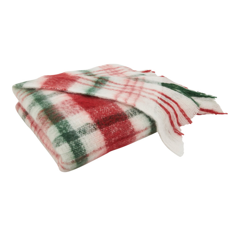 50"x60" Red and Green Faux Mohair Plaid Throw Blanket