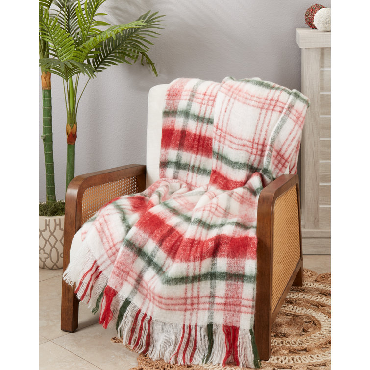 50"x60" Red and Green Faux Mohair Plaid Throw Blanket