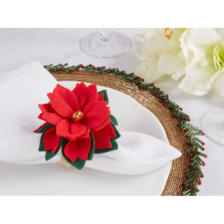 Festive Red Felt Poinsettia and Jute Napkin Rings Set