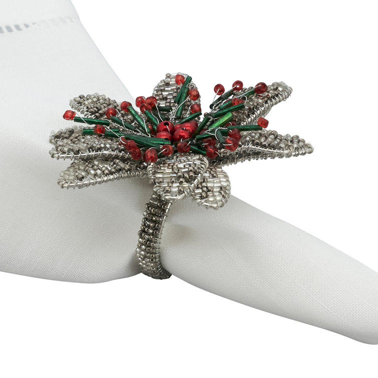 Silver Beaded Flower Napkin Rings Set of 4