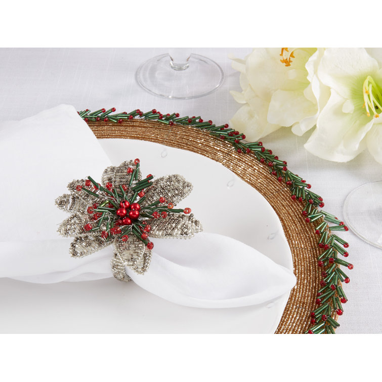 Silver Beaded Flower Napkin Rings Set of 4