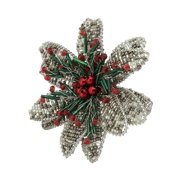 Silver Beaded Flower Napkin Rings Set of 4