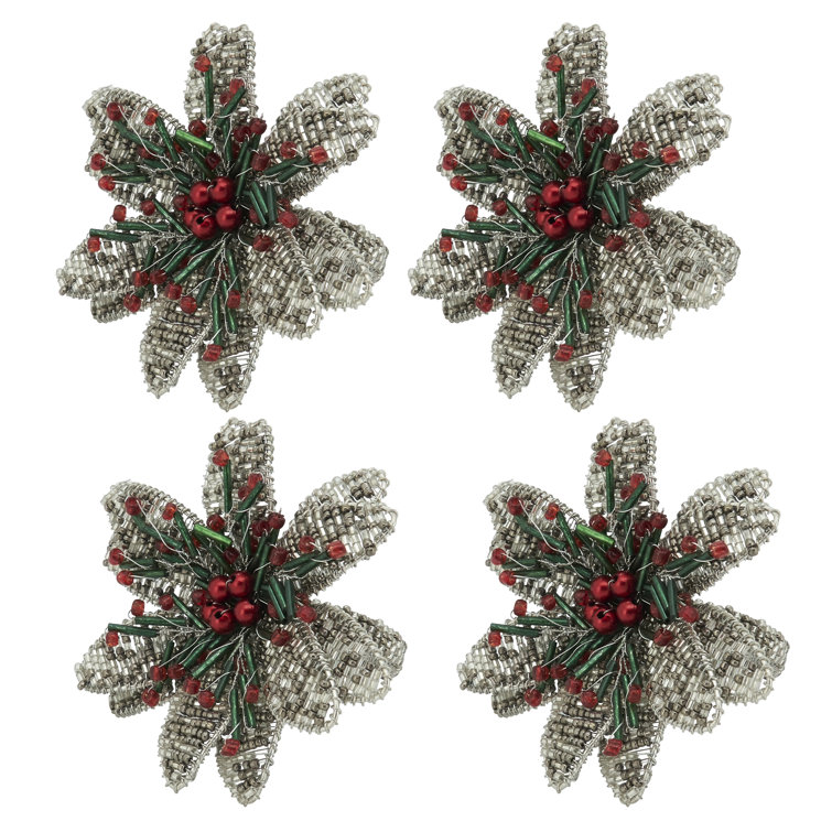 Silver Beaded Flower Napkin Rings Set of 4
