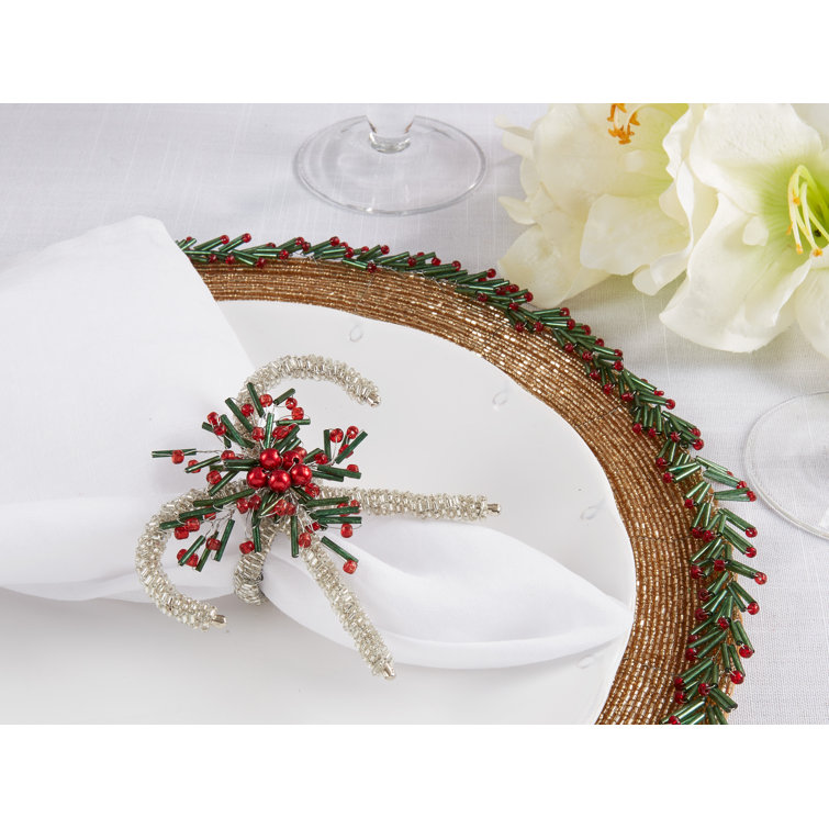 Festive Silver Beaded Candy Cane Napkin Rings, Set of 4