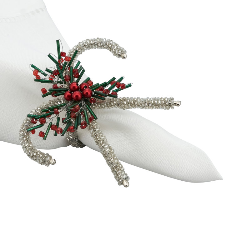 Festive Silver Beaded Candy Cane Napkin Rings, Set of 4