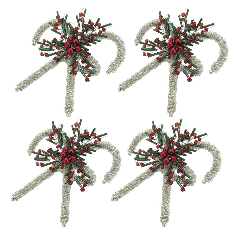 Festive Silver Beaded Candy Cane Napkin Rings, Set of 4