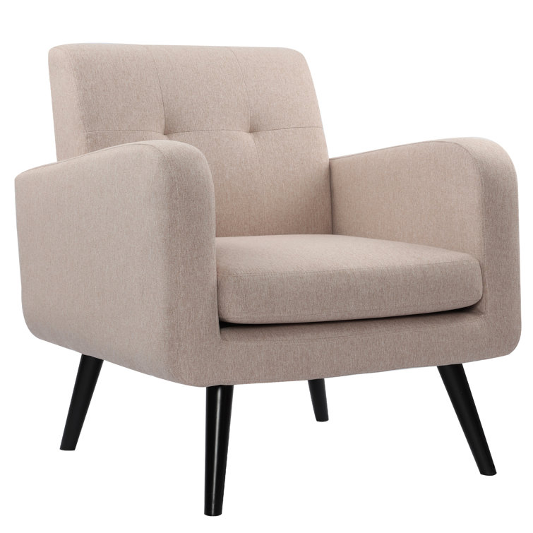 Beige Upholstered Mid-Century Modern Armchair with Wood Legs