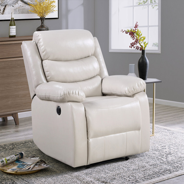 Cream Faux Leather Power Recliner with Pillow Top Arms