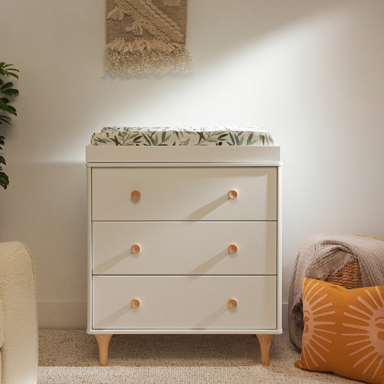 White and Natural Wood 3-Drawer Nursery Dresser with Changing Tray
