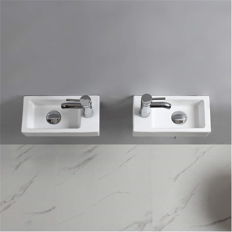 Polished White Ceramic Rectangular Wall-Mount Vessel Sink